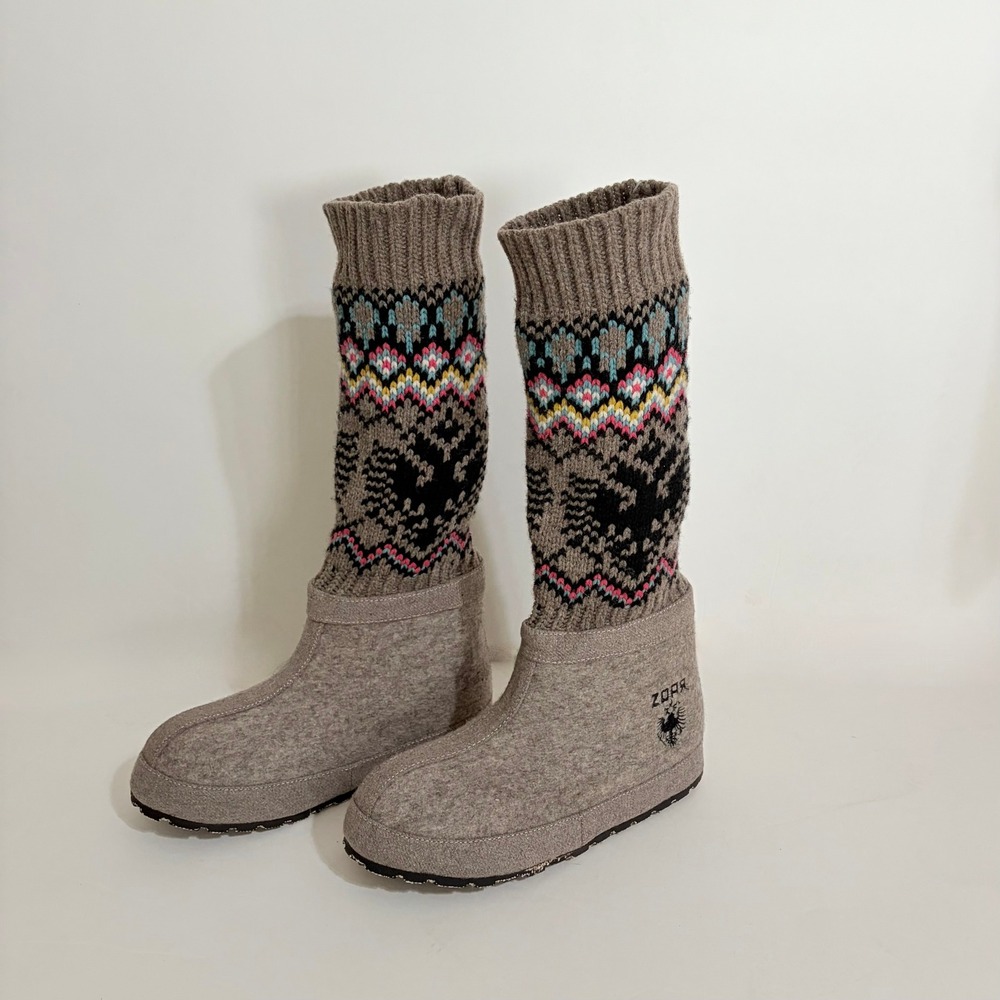 ZDAR Masha New Wool Sweater Knee High Boots Slip On Gray Fair Isle Felted 38